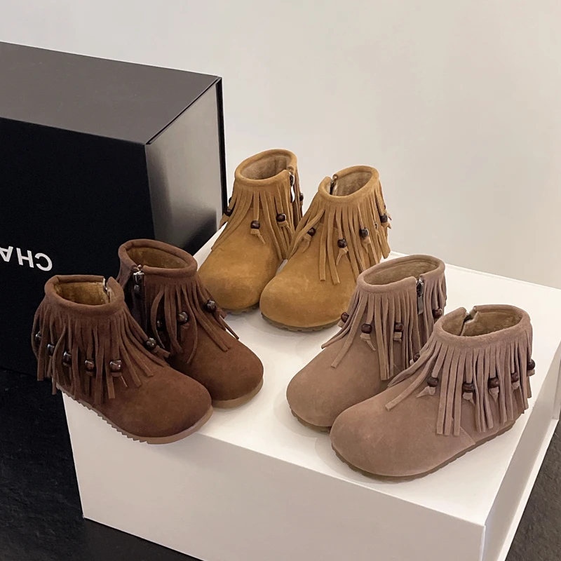 Winter Girl's Boots Plush Fringe Tassel Bead Decor Kids Ankle Boot Faux Suede Light Side Zipper Fashion Children Booties 23-34