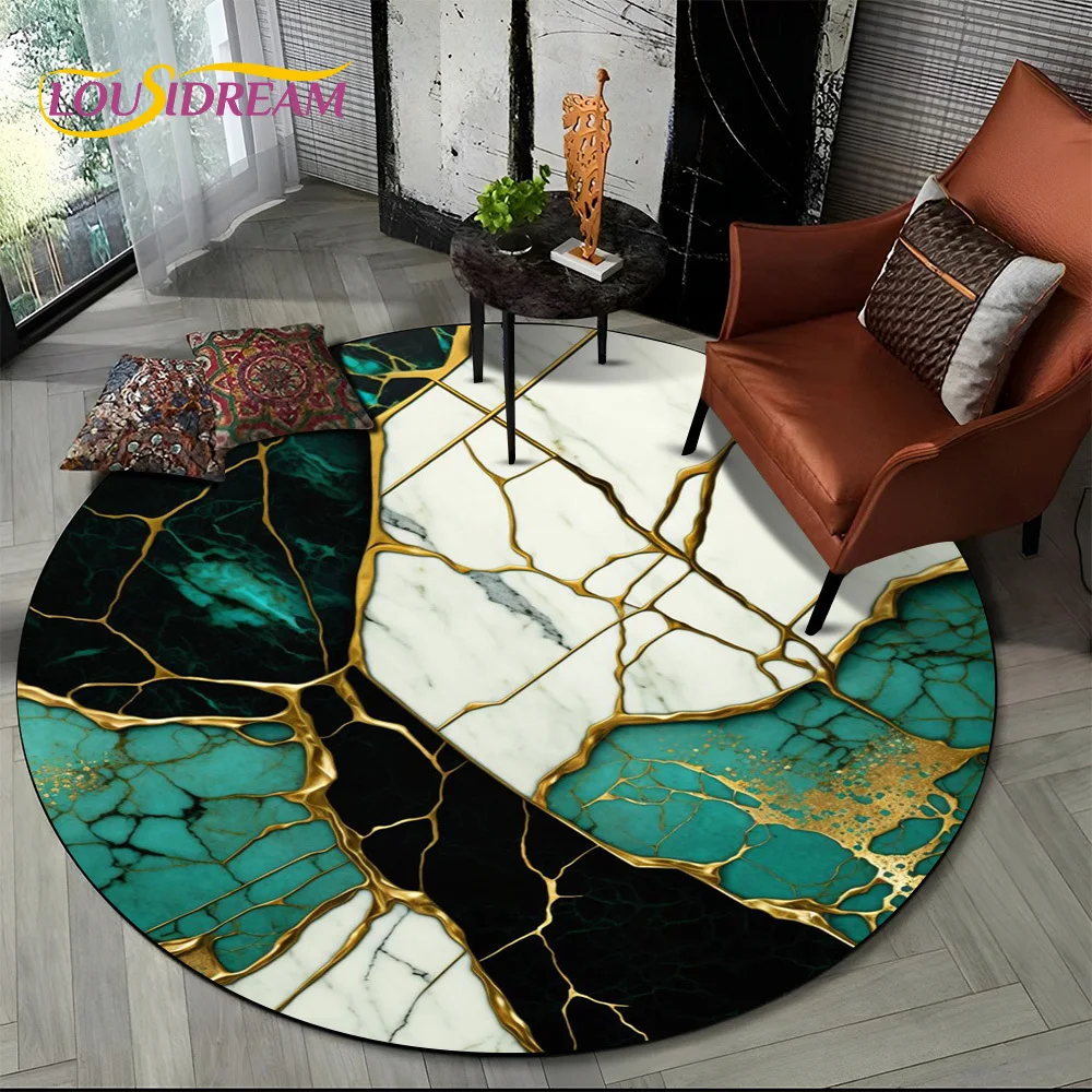 Tapis Rond Luxueux en Marbre de Couleur 3D, Vert, Bleu, Or, pour Salon, Chambre à Coucher, Décor de Chaise d\'Enfant, Zone pour Animaux de Compagnie,