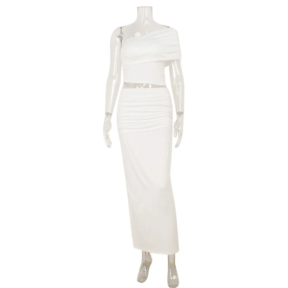 SKMY Solid Color 2025 Sexy One Shoulder Chest Wrapped Crop Tops High Waist Long Skirts Elegant Two Piece Sets Women Outfits - Image 3