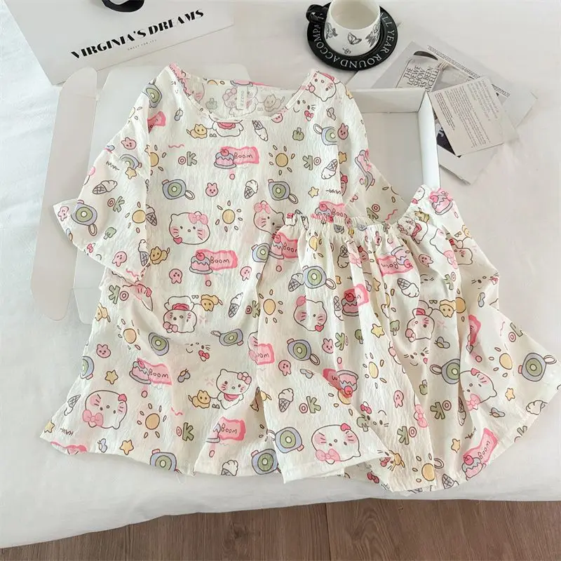 

Комплекты пижам Sanrio Hello Kitty, шорты, одежда для сна с короткими рукавами, летние пижамы, ночная одежда с героями мультфильмов Kawaii, женская домашняя одежда, новинка