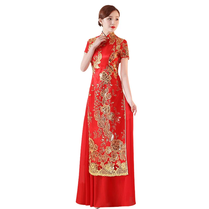 Lace Sequin Embroidery Vietnam Audrey Improved Walk Show Qipao Dress Long Stage Performance Dress