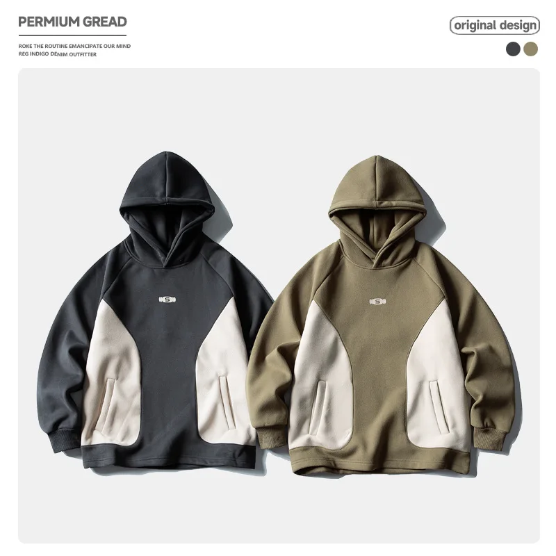 

Модная винтажная толстовка с флисовой подкладкой и цветными блоками: унисекс, свободный крой, тяжелый пуловер для пар с карманными акцентами