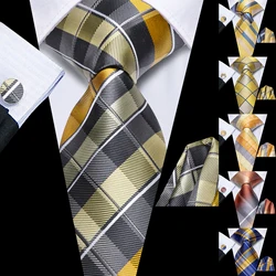 Hi-Tie Men Fashion Necktie Yellow Orange Brown Handkerchief Cufflinks for Tuxedo Accessory Classic Silk Luxury Gift Tie