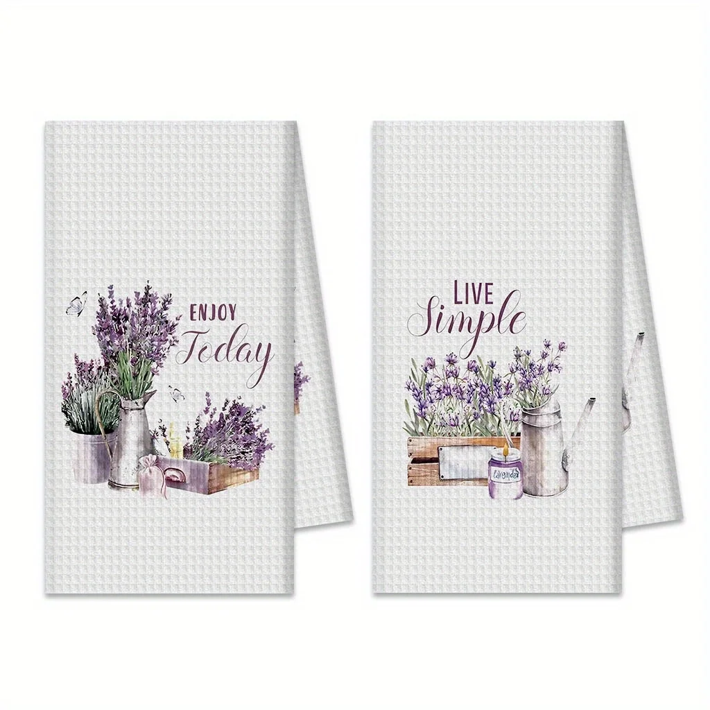 2-Pack KTKA Lavender Floral Checkered Kitchen Towel with Inspirational Quotes - Country Farmhouse Style Dishcloth