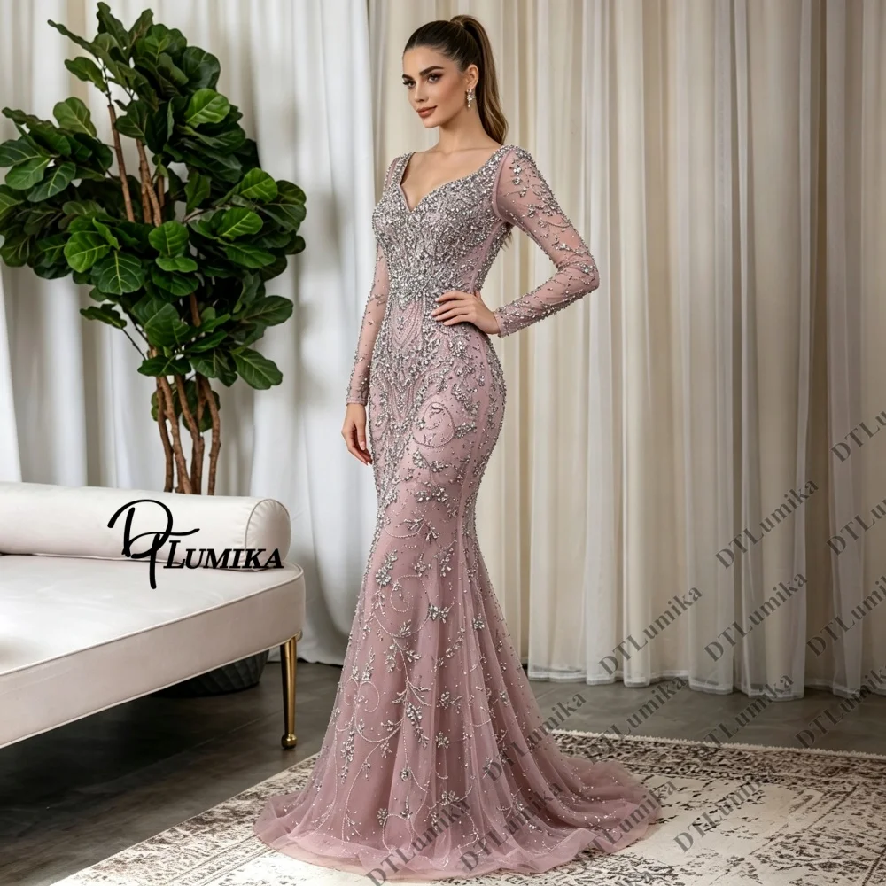 V Neck Long Sleeve Mermaid Prom Dress Full Beaded Appliques Customized Formal Evening Gown , Wedding & Adult Ceremony Plus Size
