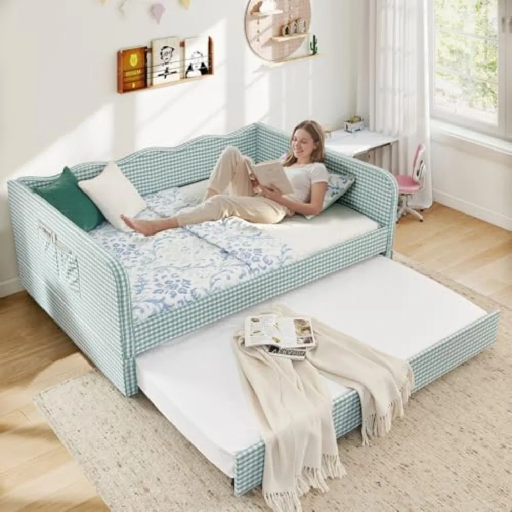 Gingham Daybed with Trundle, Full Size Day Beds Frame Upholstered Pull Out Sofa Bed with Side Pocket for Living Room