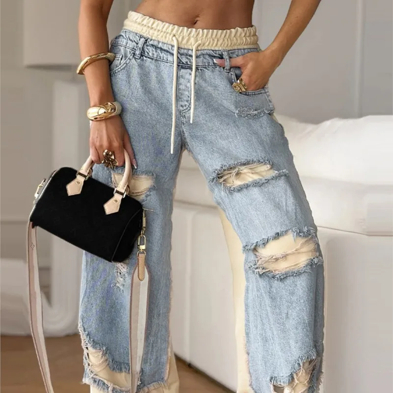 Pantalones vaqueros rasgados de retales callejero para mujer, pantalones vaqueros holgados con cordón y bolsillos de cintura baja, pantalones de pierna recta con cremallera, pantalones informales 2025