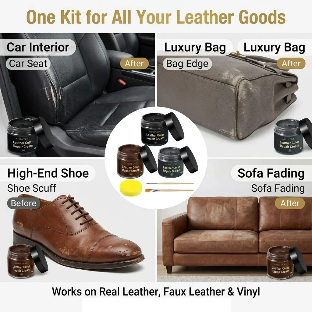 Leder-Reparaturcreme Kratzerfüller & Farbauffrischungs-Balsam mit Schwamm für Autositze, Sofas, Schuhe, Jacken, Stiefel, Möbel, 2 Farben – Detail 4