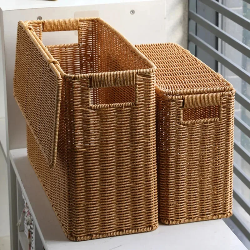 Narrow Height Storage Box With Lid Household Rattan Woven Storage Basket Two Sizes Available Decoration Sofa Corner Storage Boxs