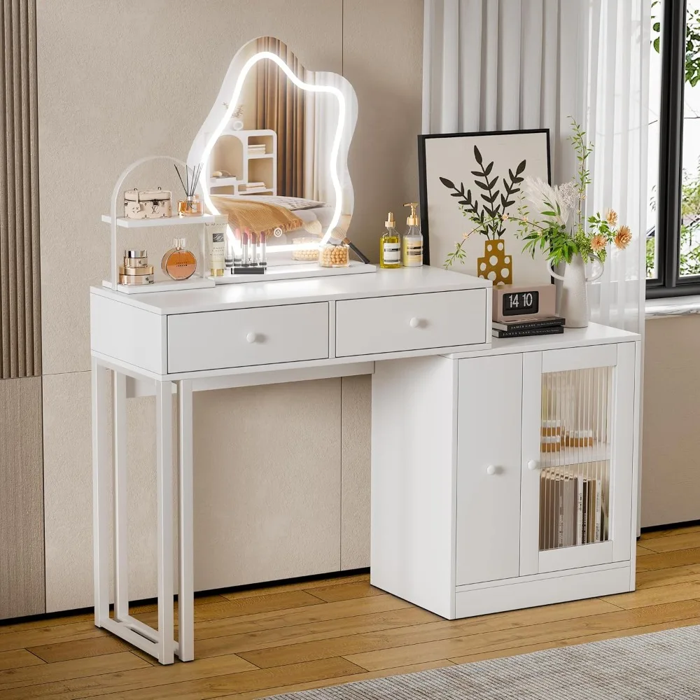 

PAKASEPT Makeup Vanity Desk with Mirror and Lights, Makeup Table with Lots Storage, 3 Lighting Modes, Brightness Adjustable