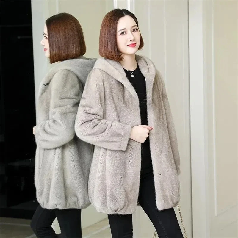 6XL 7XL Women Faux Mink Fur Jacket 2023 Autumn Winter New Female Hooded Long Sleeves Fur Overcoat Winter Mid-length Warm Coat