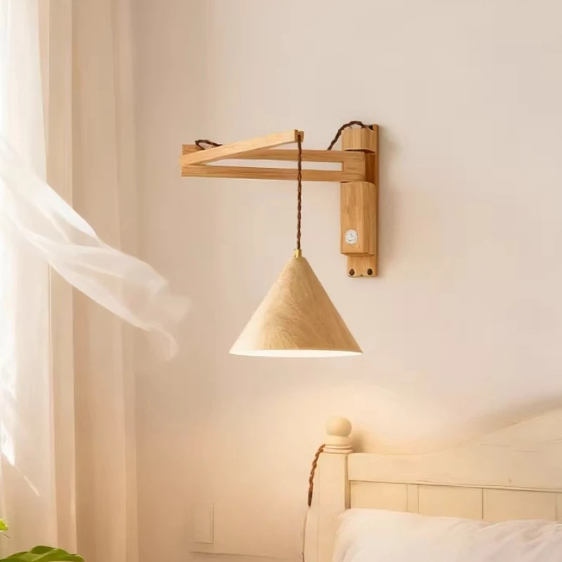 

Japanese Foldable Wall Lamps Solid Wood Rocker Arm Telescopic Vintage Wall Light Living Room Bedside Study Reading LED Sconces