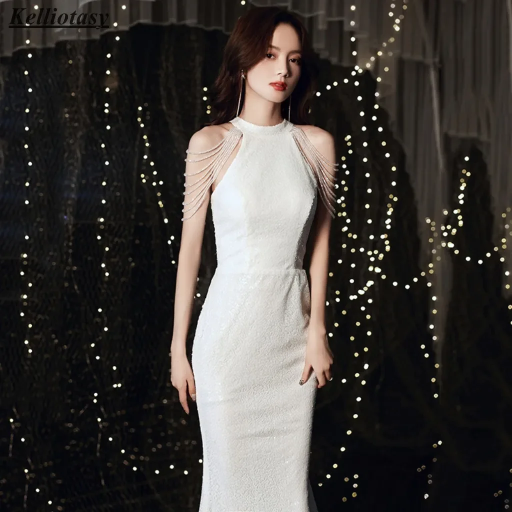 Mermaid Celebrity Dresses Women Luxury Sexy Halter White Sequined Celebrity Party Dress For Performance MBYD009