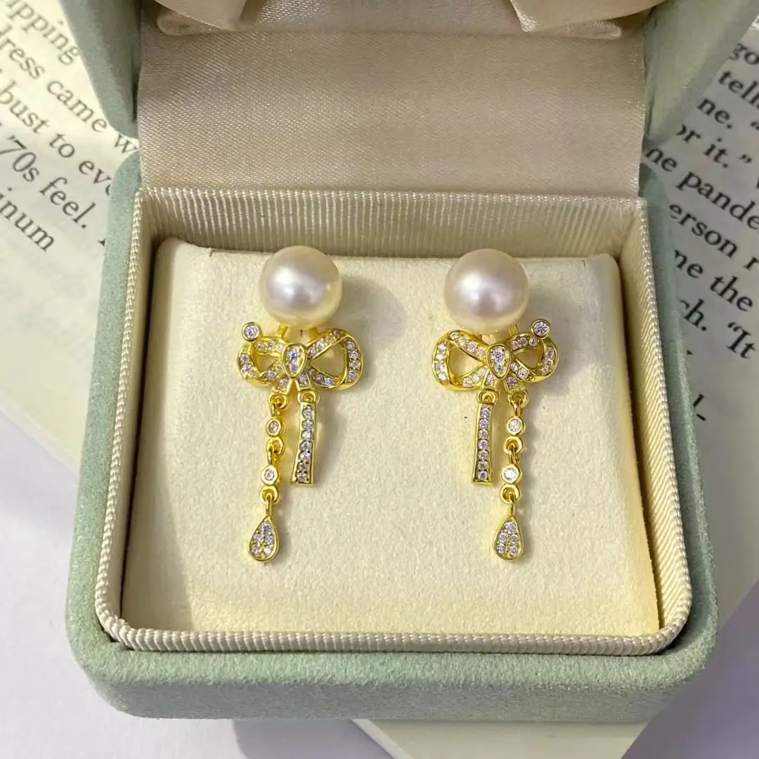 

Bow Knot S925 Sterling Silver Earrings Mount Findings Settings Base Mounting Parts Accessory for 8-9mm Pearls 5 pairs/lot