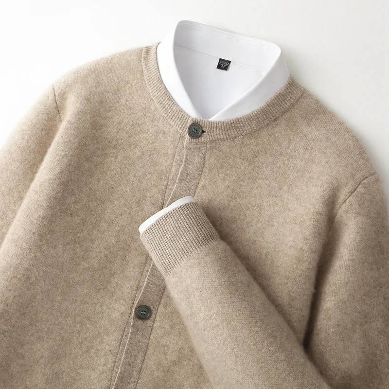 

Толстый кардиган на пуговицах с круглым вырезом, мужской осенне-зимний модный повседневный свитер из 100% мериносовой шерсти с длинными рукавами, мягкий теплый кашемировый вязаный свитер