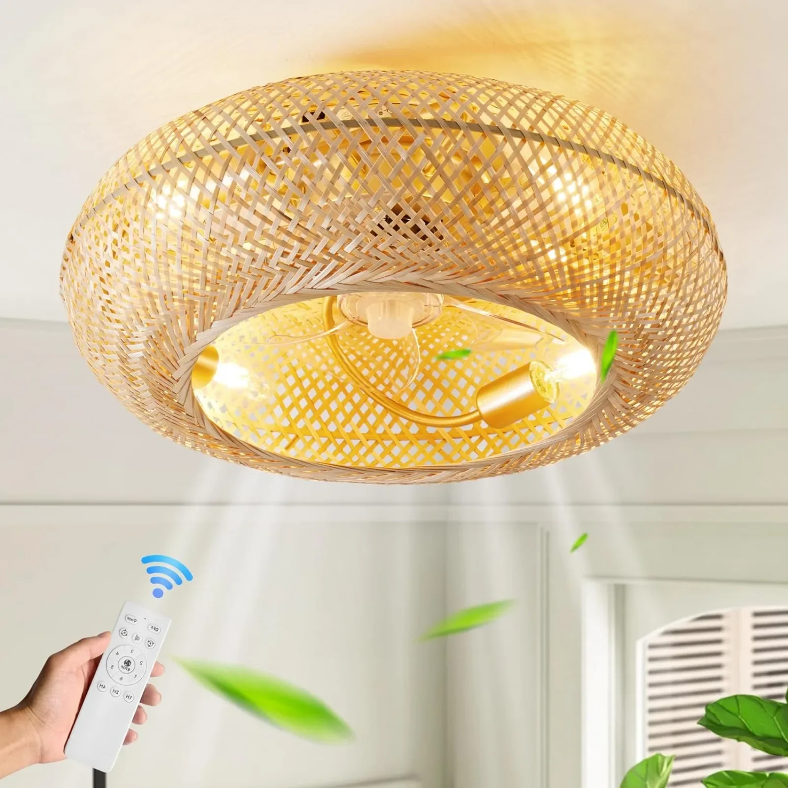 

US Boho Caged Ceiling Fan with Light Flush Mount, 20 Inch Enclosed Rattan Ceiling Fans with Lights and Remote Control, Enclosed