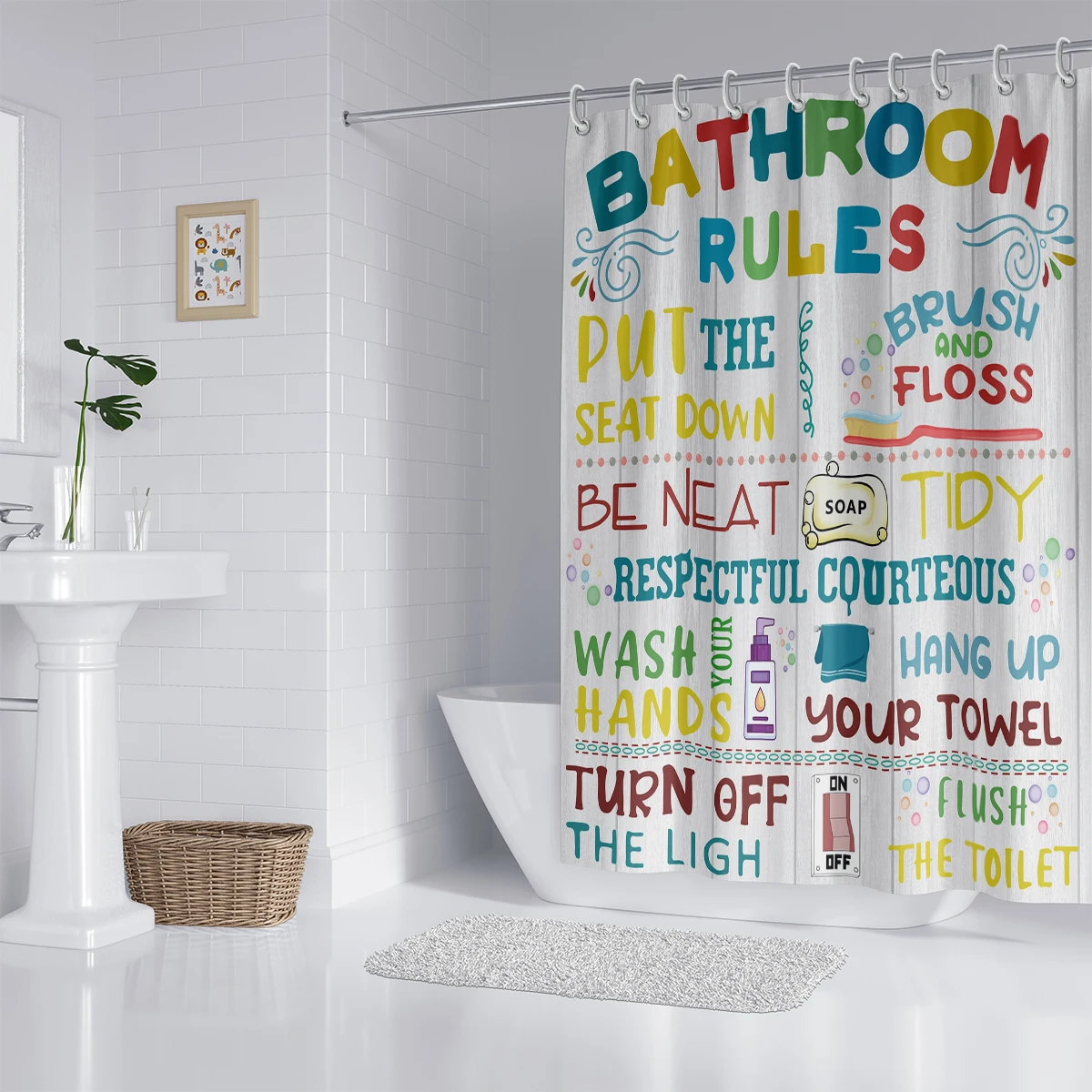 1PC shower curtain, interesting inspirational words, colorful inspirational quotes, wooden waterproof bathroom with12 hooks