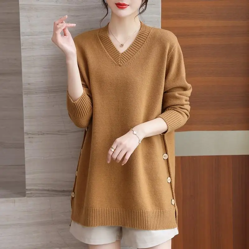 Plus Size 6XL 150kg Winter V Neck Sweater Solid Color Long Sleeve Women Knitted weater Split Big Size Sweater