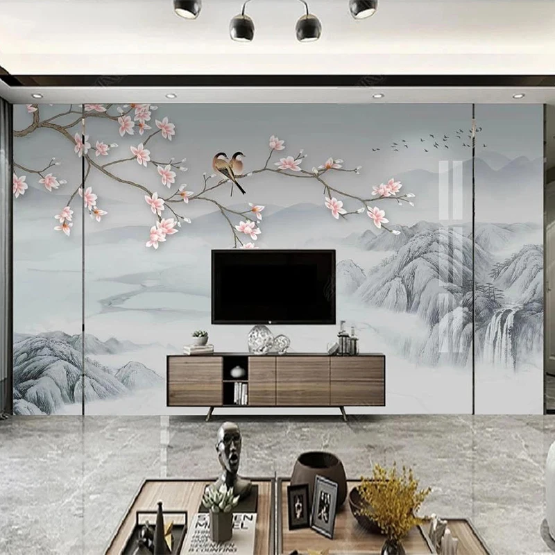 Aangepaste muurschildering behang Chinese inkt landschap 3D magnolia bloem en vogel achtergrond muur decor woonkamer slaapkamer studie muurschilderingen