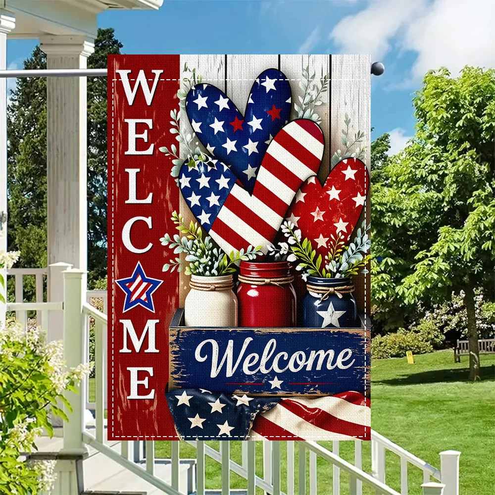 1PC Patriotic Welcome Garden Flag, American Flag Heart and Mason Jar Design, Double Sided Print, Perfect for Independence Day Ya