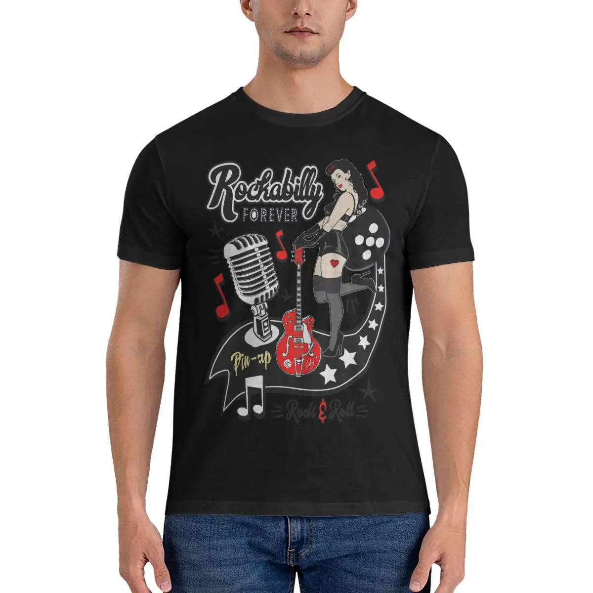 Rockabilly Style Pin Up Girl T-Shirts for Men Vintage Rockabilly Rock and Roll 14 Novelty Cotton Tee Shirt Round Neck Short