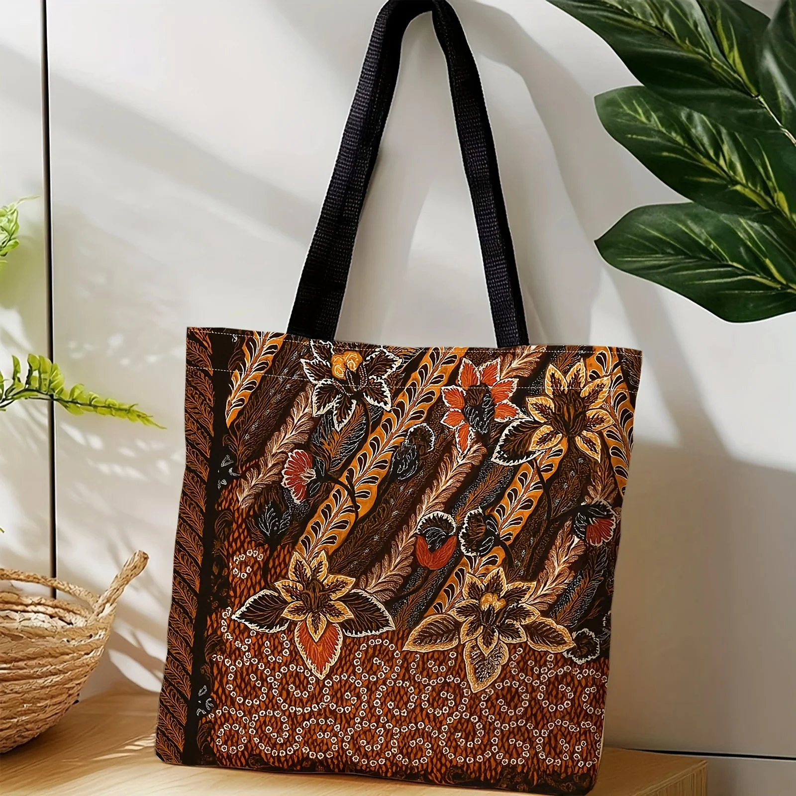 

Shopper Bag,Shopping Portable Shoulder Back Hand-held Bag,Borther Door Framerat Batik, Floral Pattern, Traditional Design