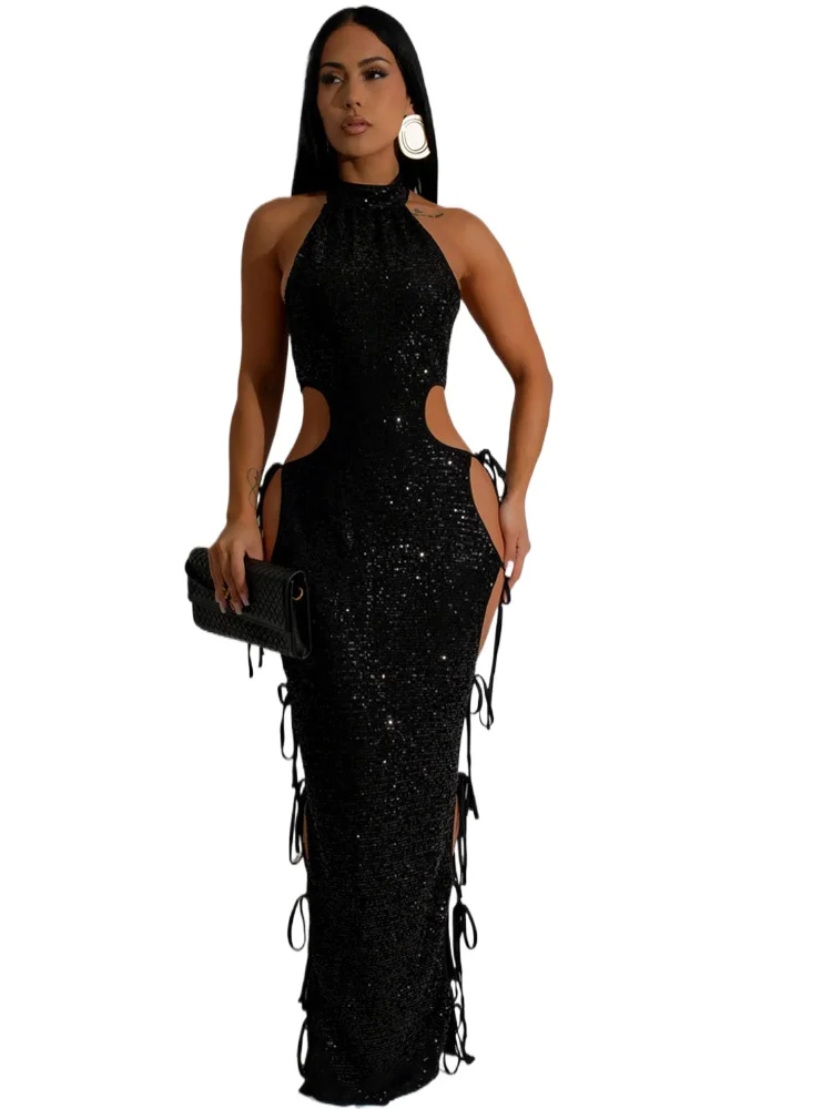 

Glitter Halter Neck Hollow Out Lace-Up Sequins Overlay Long Dresses Seduction Sleeveless Sequins Bandage Party Dresses