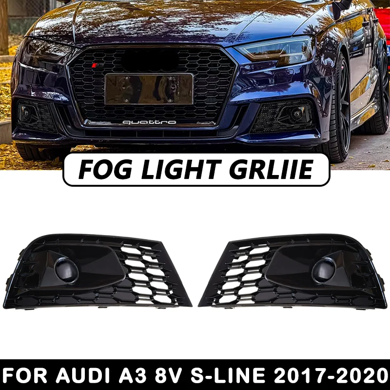 Honeycomb Mesh For AUDI A3 8V S-LINE S3 2017-2020 Car Front Bumper Fog Light Grille Fog Lamp Cover Racing Style With Fack ACC