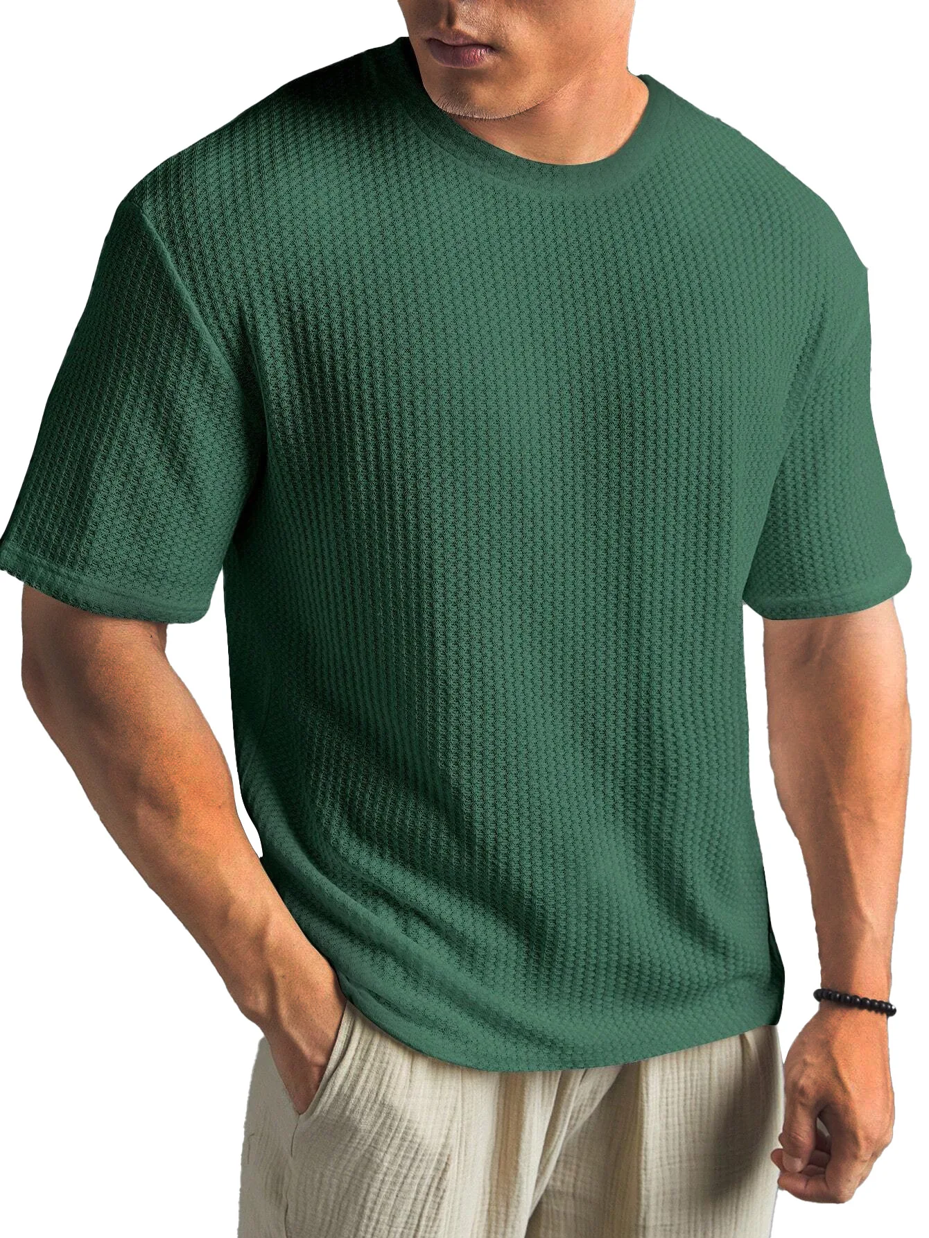 New Summer Waffle Round Neck Short Sleeved T-shirt for Men's Short Sleeved Top Oversized