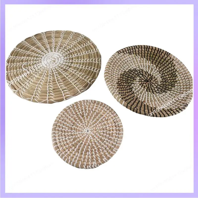 N83R Handgefertigter hängender Wandkorb-Dekor (3er-Set) runder gewebter Korb, Boho-Heimdekor-Tabletts für Schlafzimmer, Küche, Wohnzimmer