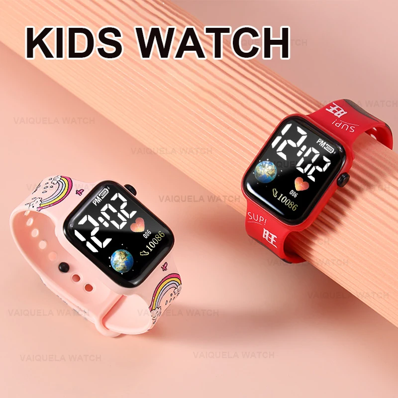 Montre de sport électronique pour enfants, montres pour filles, montre intelligente LED Earth, montre carrée mignonne pour enfants, montre de sport