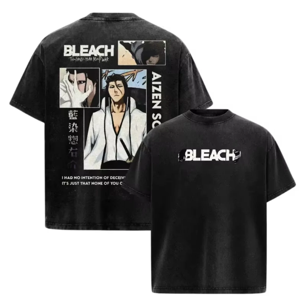 1. 2026 Summer BLEACH Sosuke Aizen Double Sided Print T-Shirt, Vintage Washed Cotton Loose Casual Oversized Tee for Adults Y2K