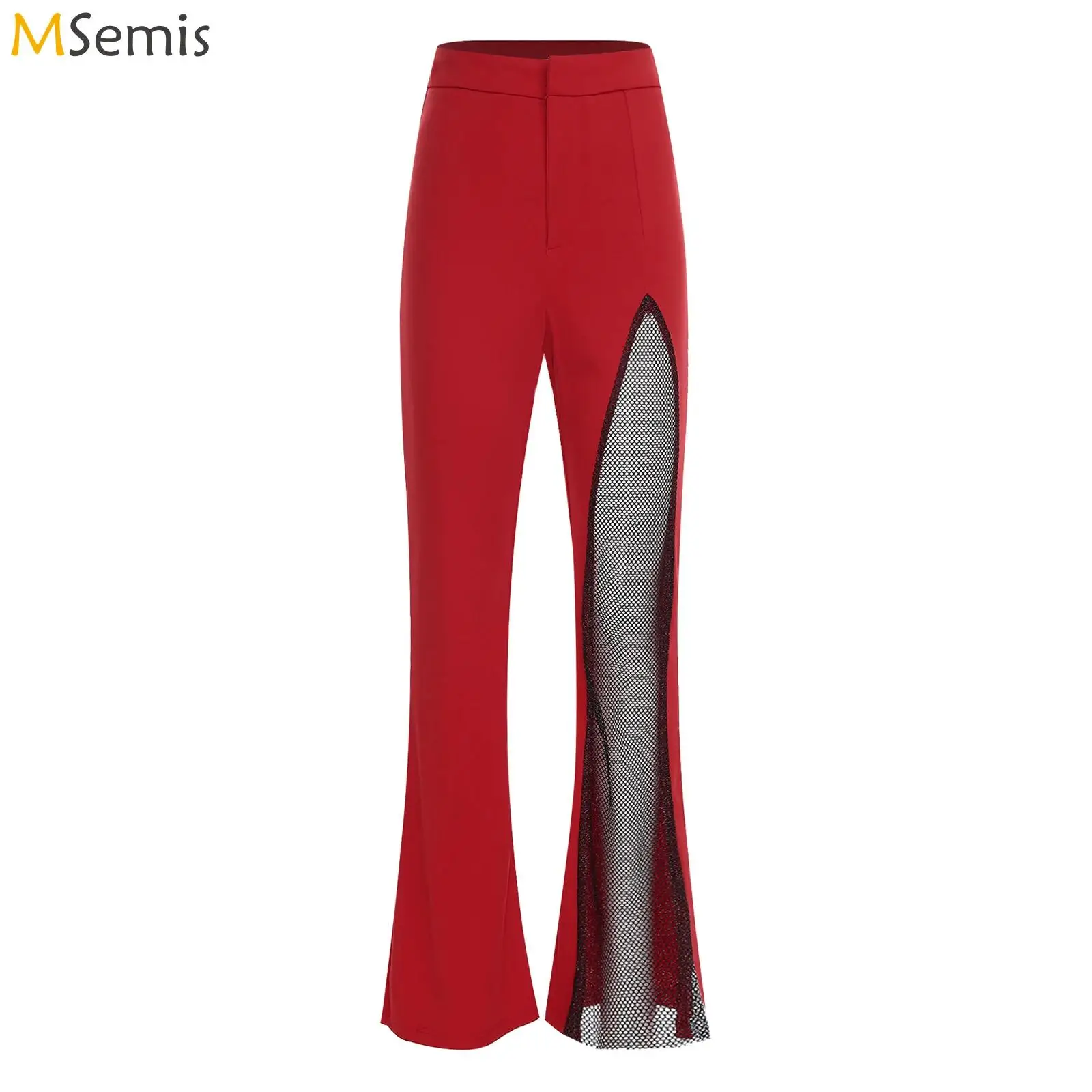 

Женские брюки-клеш с асимметричным дизайном, танцевальная одежда, прозрачные сетчатые вставки на одной ноге, длинные брюки, уличная мода