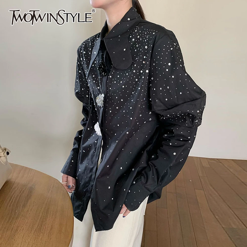 TWOTWINSTYLE Solid Patchwork Diamonds Loose Blouse For Women Lapel Long Sleeve Temperament Casual Shirts Female Fashion Style