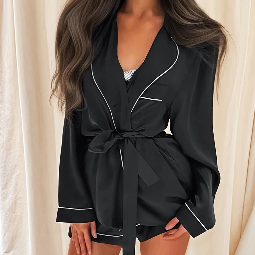 HiLoc Black Casual Woven Nightgown Two-Piece Long Sleeve Lapel Wrap-Around Lace-Up Top Elastic Waist Shorts 2026 Fall Shorts Set