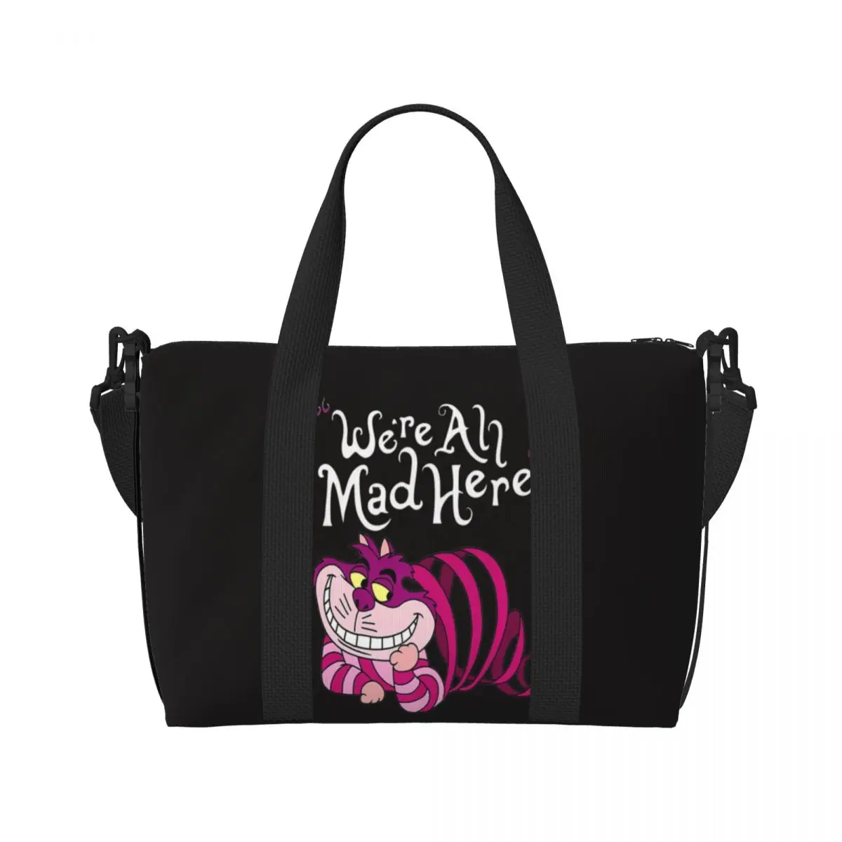 Custom Cheshire Cat Beach Tote Bag for Women We're All Mad Here Cat Big Compartment Gym Beach Travel Bags