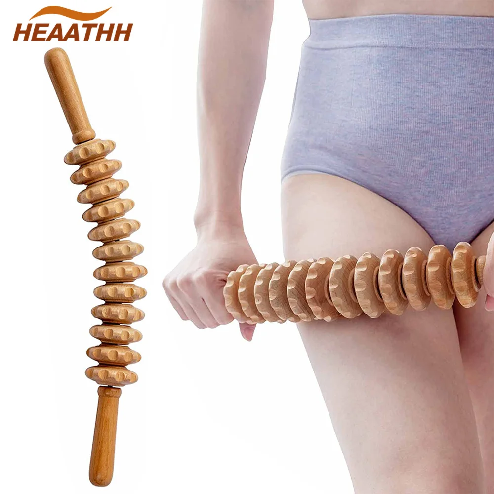 

12-Wheel Wood Therapy Massage Roller Stick Handheld Trigger Point Massager for Anti Cellulite Lymphatic Drainage Muscle Release