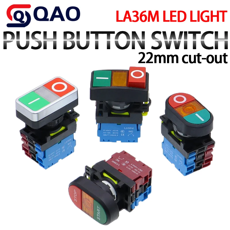 LA36M Double Push 22mm Double button Two-position reset button switch with LED Egg push 12V24V220V AC ON/OFF START STOP 1 NO 1NC