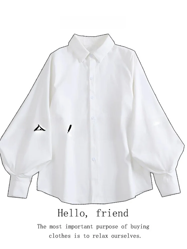 

Loose Lantern Sleeve White Shirt Women's Spring Autumn Winter Layering Slimming Base Layer Shirt Korean Style Office Wear