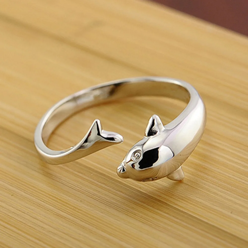 

925 Sterling Silver Fashion Cute Romantic Dolphin Lovers Open Ring Birthday Party Anniversary Gift