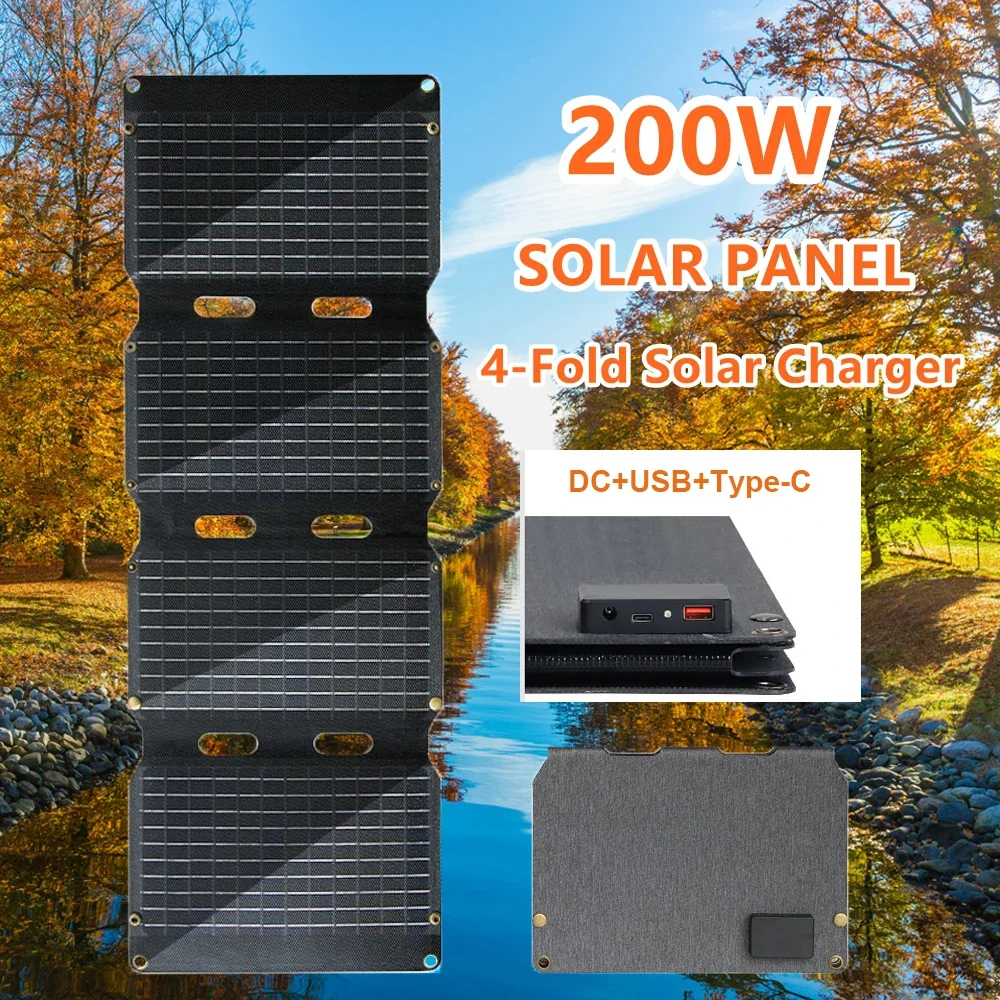 200W Folding Solar Panel 18V 5V DC USB Type-C Solar Charger Complete Kit Powerful Solar Panels for Outdoor Camping Power Station