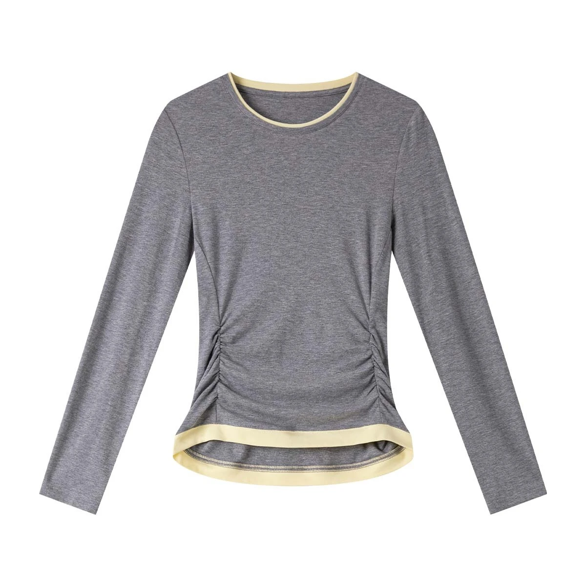 VIMLY Grey Patchwork 2 in 1 T-shirt 2025 Autumn Casual New Long Sleeve Crew Neck Slim Fitting Knitted Tops Female Clothing A1953