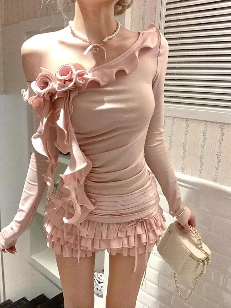 

Two Piece Sets Spicy Girl Slim Fit Sloping Shoulder Lotus Leaf Pure Desire Tops Pink Short Skirts Bow Cake Skirt Set Y2k Dresses