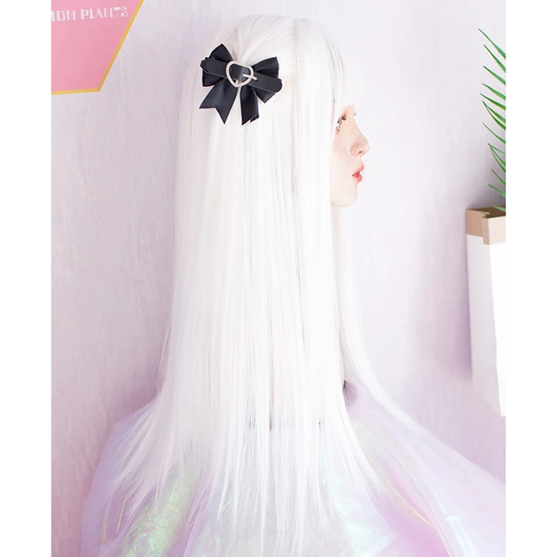 باروكة نسائية بيضاء طويلة مستقيمة على طراز لوليتا مع فرقعة صناعية مقاومة للحرارة للحفلات التنكرية يوميًا