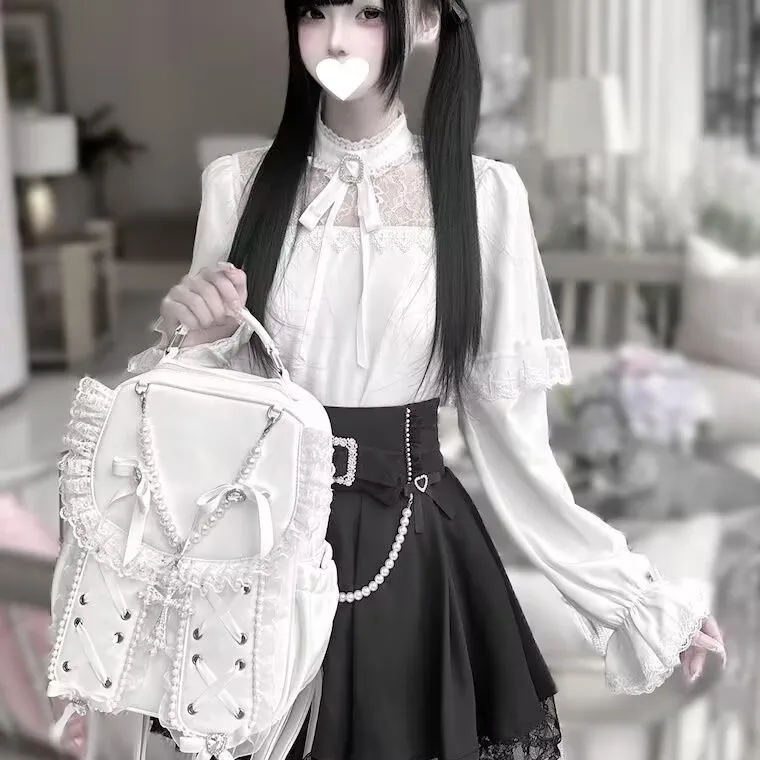 Gothic 2-teilige Röcke Sets Damen Outfits Lolita Süße Spitze Schleife Hemd Kawaii Perle Y2k Miniröcke Weibliche schlanke Rock Sets