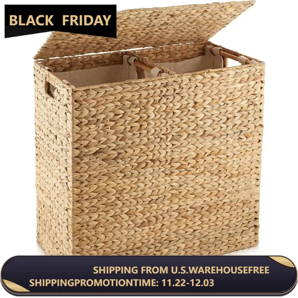 2-Section Laundry Hamper with Removable Liner Bags - Natural, Woven Water Hyacinth Double Laundry Basket Sorter for Clothes