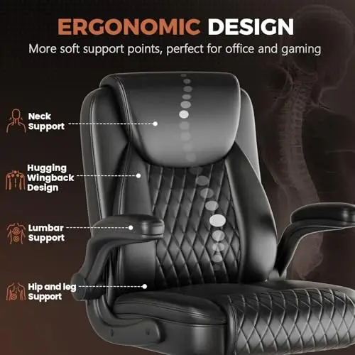 Quilted PU Leather Ergonomic Office Gaming Chair With Neck, Lumbar, Hip & Leg Support, Adjustable Armrests And 360° Swivel
