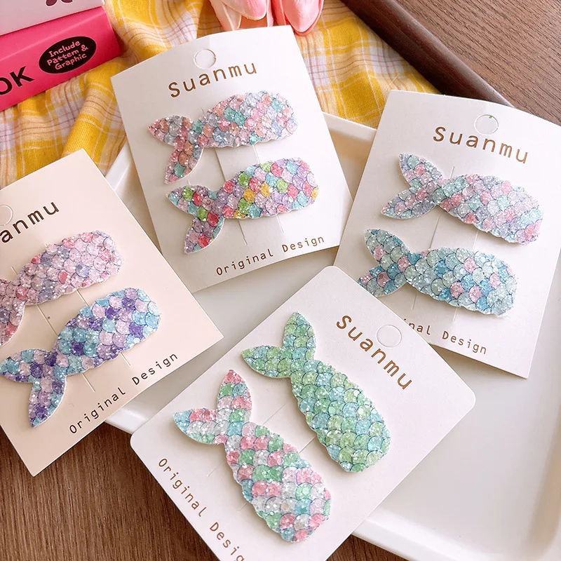 2pcs New Glitter Sequin Mermaid Tail Clips, Kids BB Fringe Side Clips, Sweet Cute Colorful Sequin Girls Hair Clips, Daily Wear