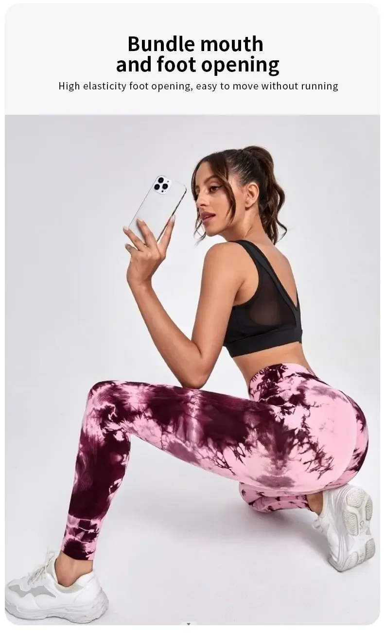 Damen-Leggings mit Batikmuster, neun Zehntel, hohe Taille, Yogahose, weich, dehnbar, Workout-Laufhose, atmungsaktiv, bequem – Detail 4