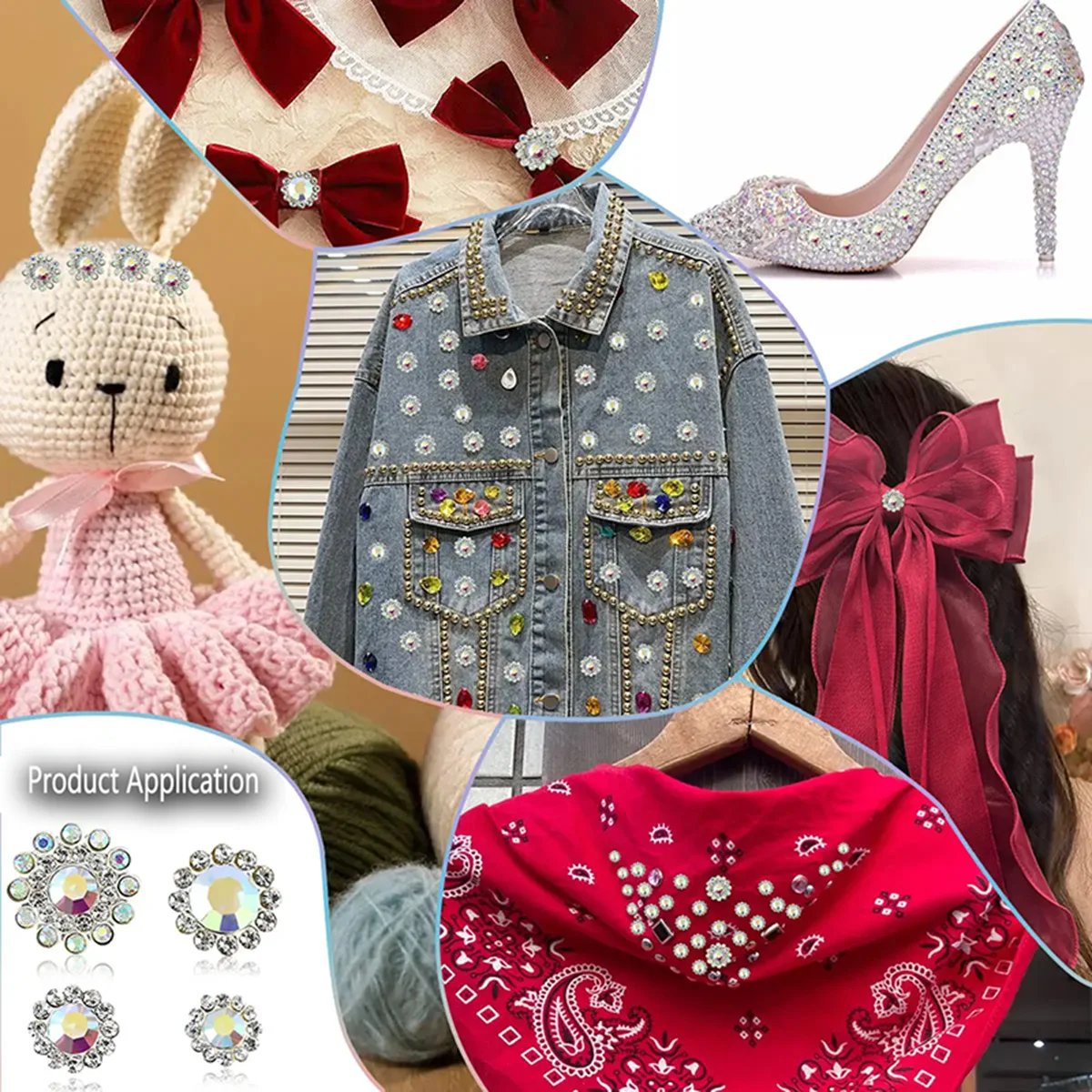 150 Stück vergoldete schwarze Kristall-Strass-Applikationen zum Aufnähen, glitzernde Legierungs-Dekorationsknöpfe für Kleidung und Accessoires – Detail 2